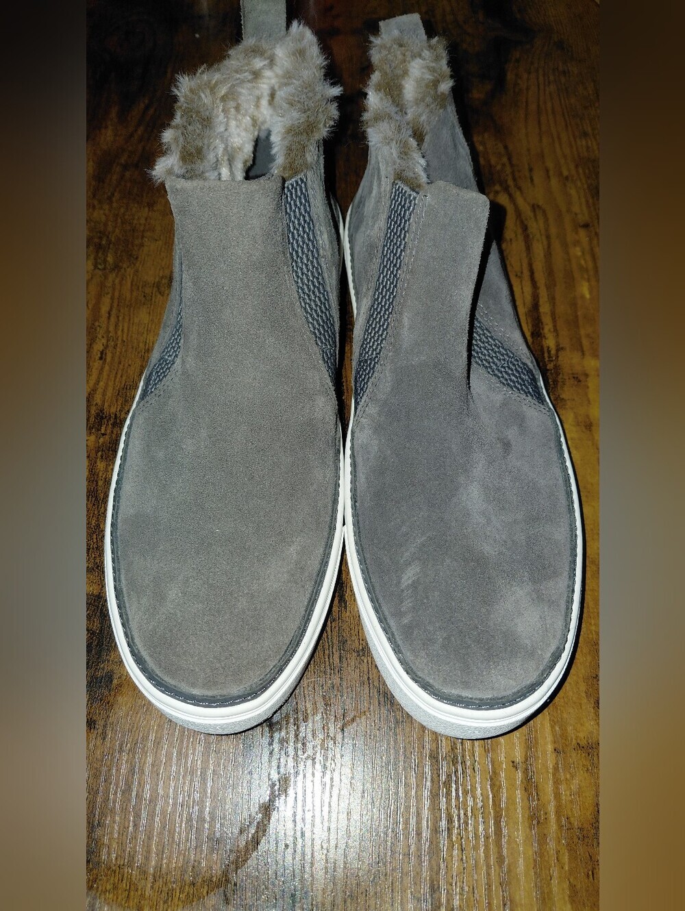 Toms Gray Suede Slip-On Loafers with Faux Fur Trim